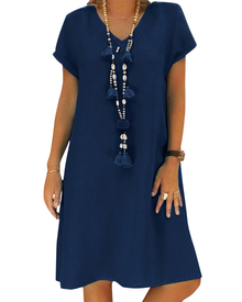 Salome Women's Dress – V-Neck Cotton Linen, Short Sleeves & A-Line Midi Cut with Pockets Summer
