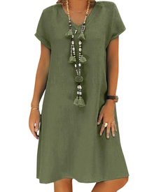 Salome Women's Dress – V-Neck Cotton Linen, Short Sleeves & A-Line Midi Cut with Pockets Summer