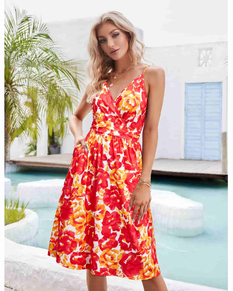 Verna Midi Dress for Women – Floral V-Neck Dress with Thin Straps, A-Line Cut, and Pockets