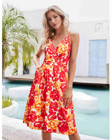 Verna Midi Dress for Women – Floral V-Neck Dress with Thin Straps, A-Line Cut, and Pockets