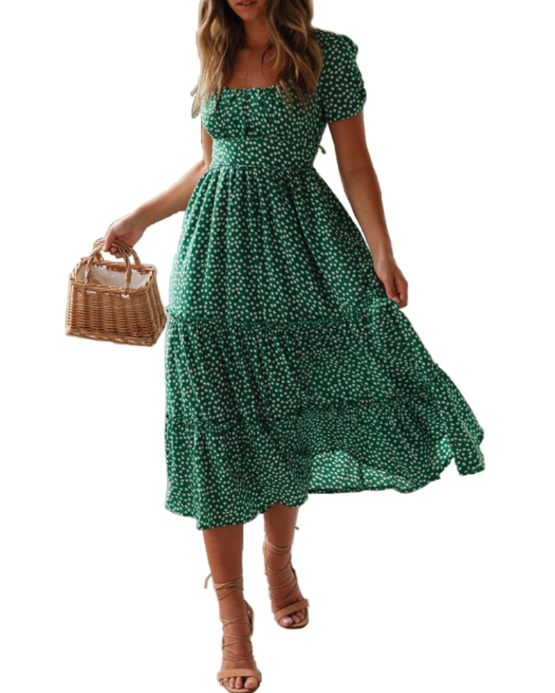 Agnes Women's Beach Dress – Floral Dress with Square Neck, Short Sleeves & Summer Style