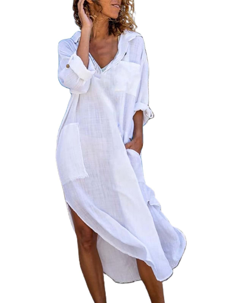 Genesa Women's Shirt Dress – Long Buttoned Cotton Linen Dress, Loose Fit & Casual Style