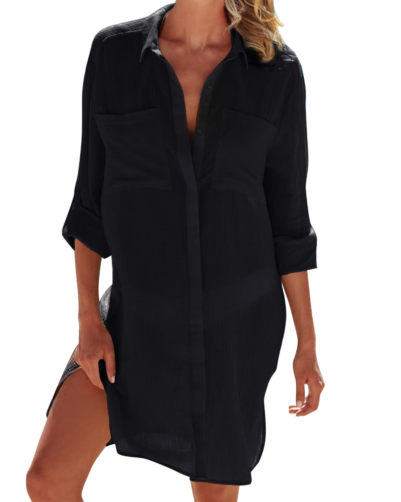 Mila Women's Beach Dress – Long Buttoned Tunic with V-Neck, Light & Elegant Summer Pareo