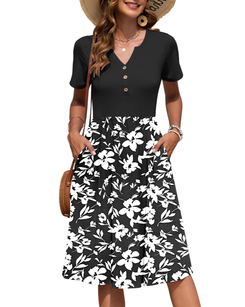 Ester Women's Dress – Mid-Length Summer Dress with V-Neck, Short Sleeves, Buttoned, Empire Waist, Pockets