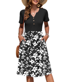 Ester Women's Dress – Mid-Length Summer Dress with V-Neck, Short Sleeves, Buttoned, Empire Waist, Pockets