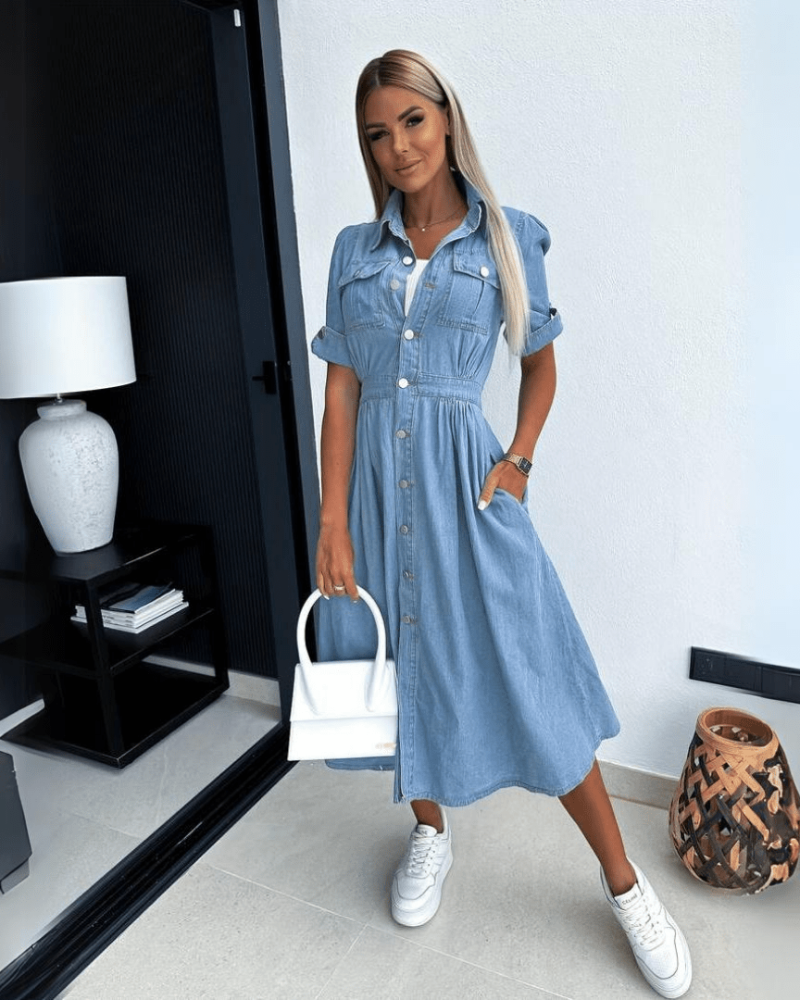 Krista Midi Dress for Women Denim – Buttoned Jean Dress, Short Sleeves & Relaxed Fit