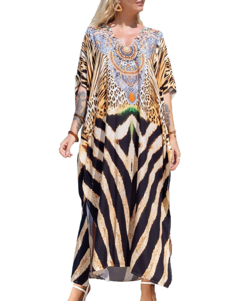 Amelie Women's Kaftan Dress – Long Bohemian Kaftan with V-Neck, Wide Sleeves, Beach Cover-Up, One Size