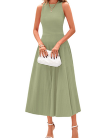 Blare Women's Dress – Elegant High-Waisted Sleeveless Pleated A-Line Midi Dress for Office