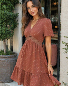 Jora Women's Dress – Elegant Summer Mini Dress with Polka Dots, V-Neck, Ruffles, High Waist, A-Line Cut