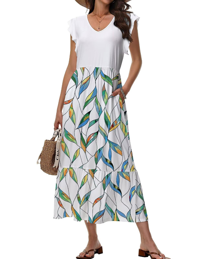 Mélanie Women's Midi Dress – Floral V-Neck Dress with Pockets, Elegant & Comfortable Fit