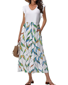 Mélanie Women's Midi Dress – Floral V-Neck Dress with Pockets, Elegant & Comfortable Fit
