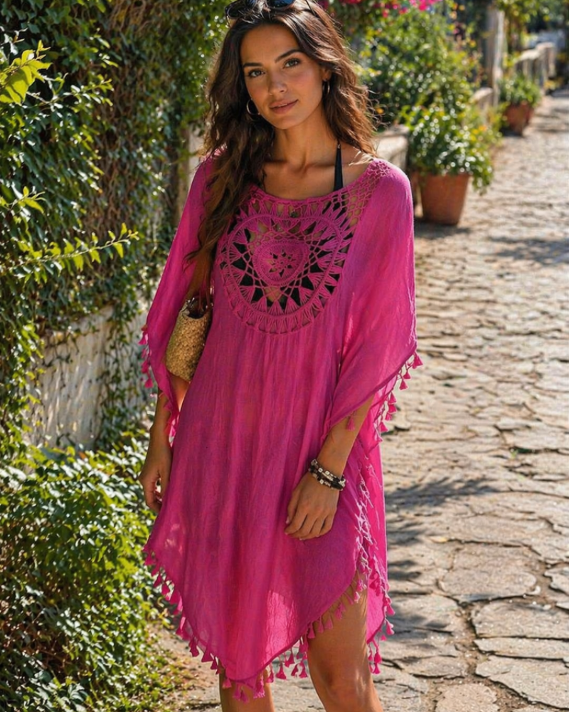Riona Women's Dress – Mid-Length Summer Dress with 3/4 Sleeves, Round Neck, Casual Fluid Fit, Beach Style