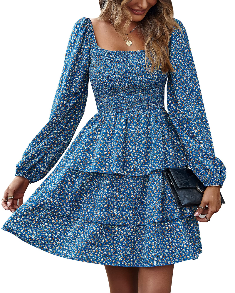 Léa Women's Dress – Bohemian Mini Dress with Square Neck, Smocked High Waist, Long Sleeves, and Ruffles