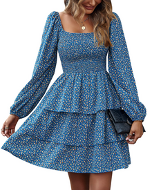 Léa Women's Dress – Bohemian Mini Dress with Square Neck, Smocked High Waist, Long Sleeves, and Ruffles