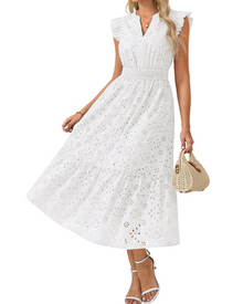 Fella Midi Dress for Women – Henley V-Neck Dress, Flared Sleeves & Smocked Waist