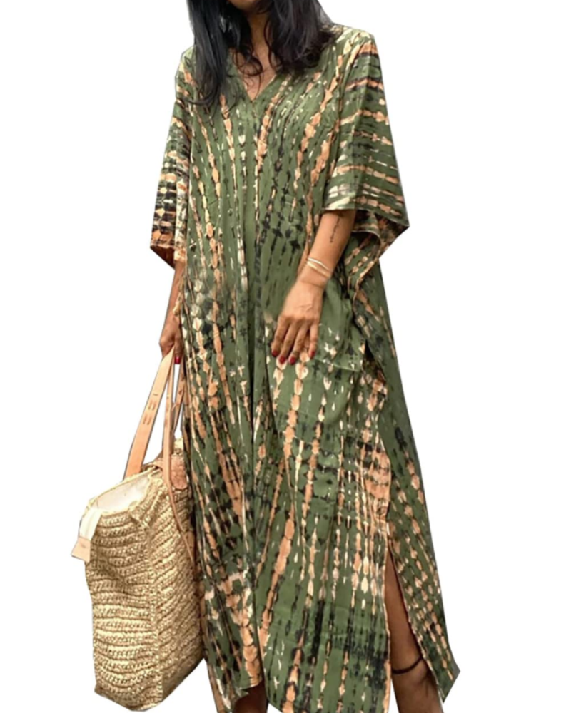 Ninna Women's Kaftan Robe – Long Bohemian Kimono Floral Print Summer Beach Cover-Up