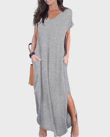 Rosenda Women's Maxi Dress – V-Neck, Short Sleeves, Flowing Fit & Slit with Pockets Summer