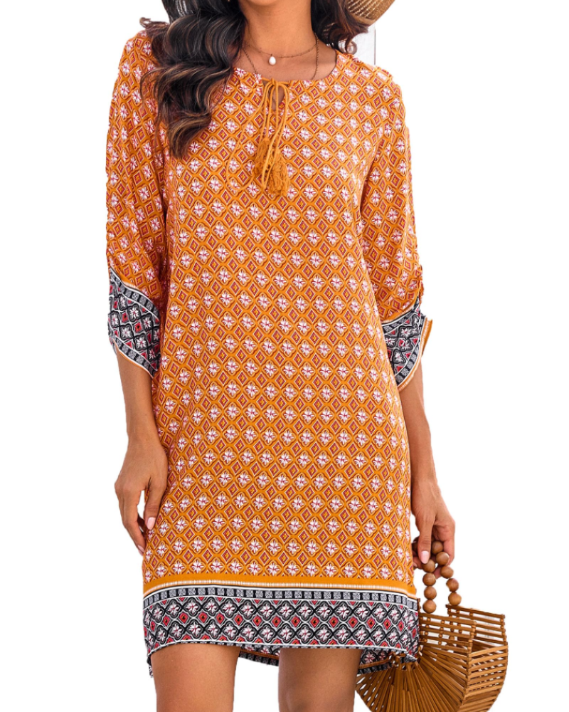 Cella Bohemian Dress for Women – Floral Tunic Dress with V-Neck, 3/4 Sleeves & Flowing Fit