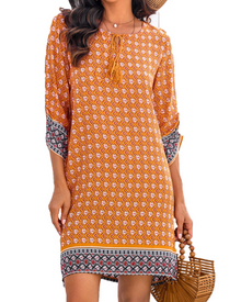 Cella Bohemian Dress for Women – Floral Tunic Dress with V-Neck, 3/4 Sleeves & Flowing Fit