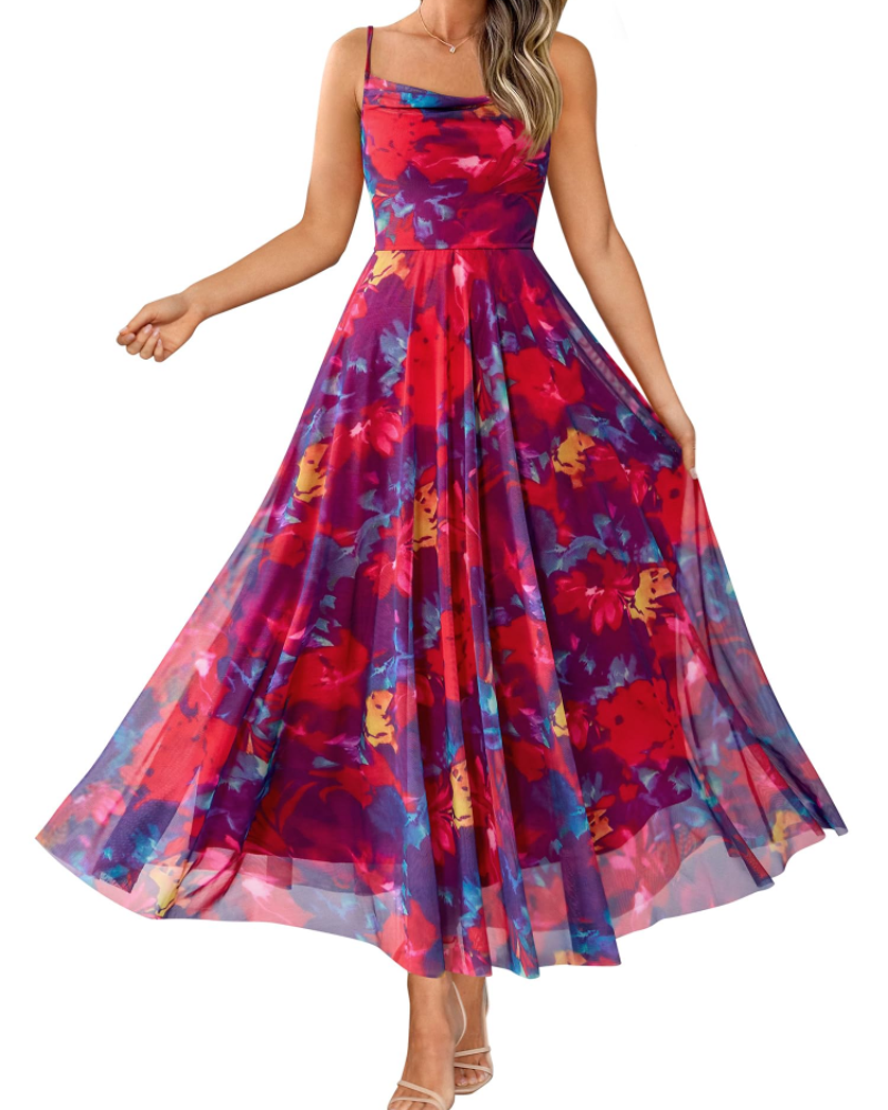 Denise Women's Dress – Floral Maxi Dress with Thin Straps, Draped Neckline, Elegant A-Line Cut