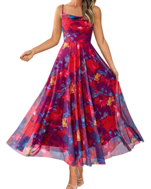 Denise Women's Dress – Floral Maxi Dress with Thin Straps, Draped Neckline, Elegant A-Line Cut