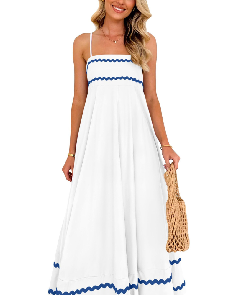 Susana Maxi Dress for Women – Thin Straps, Square Neck, Flowing A-Line Cut & Ruffles with Pockets Summer
