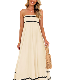 Susana Maxi Dress for Women – Thin Straps, Square Neck, Flowing A-Line Cut & Ruffles with Pockets Summer