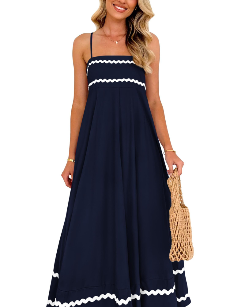 Susana Maxi Dress for Women – Thin Straps, Square Neck, Flowing A-Line Cut & Ruffles with Pockets Summer