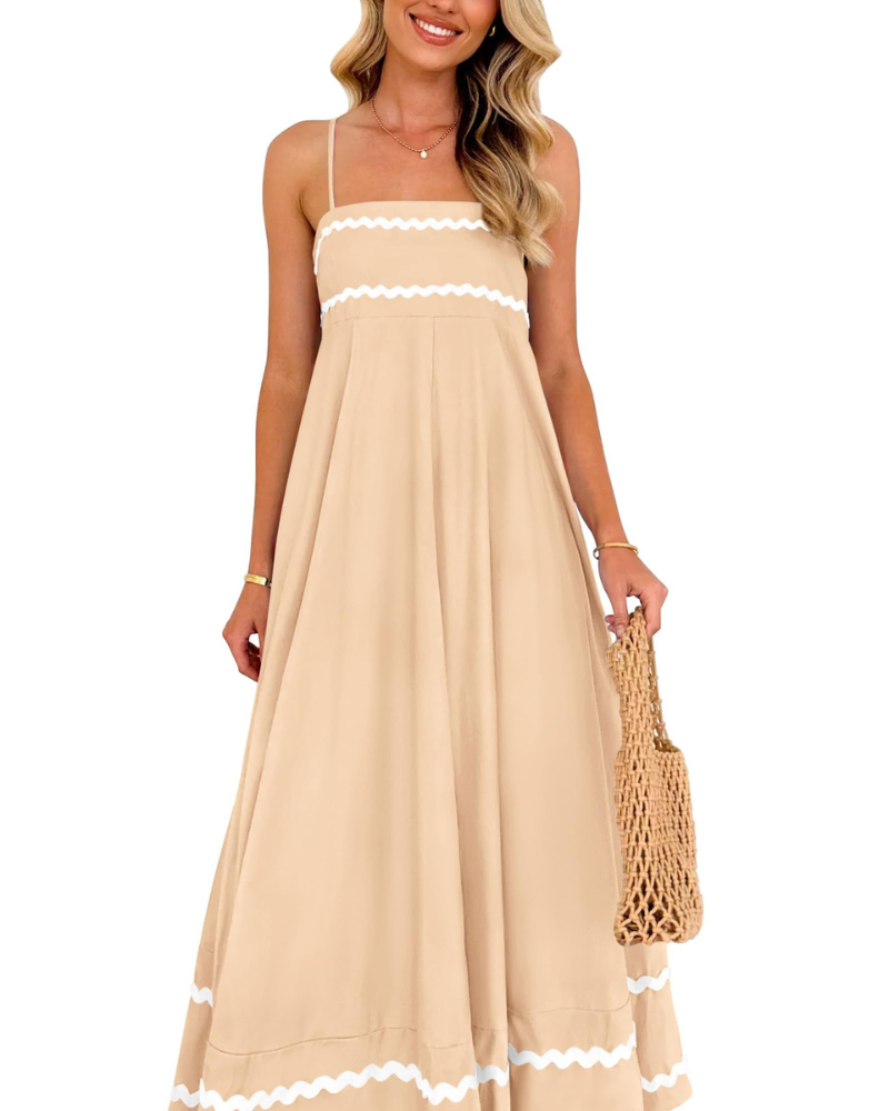 Susana Maxi Dress for Women – Thin Straps, Square Neck, Flowing A-Line Cut & Ruffles with Pockets Summer