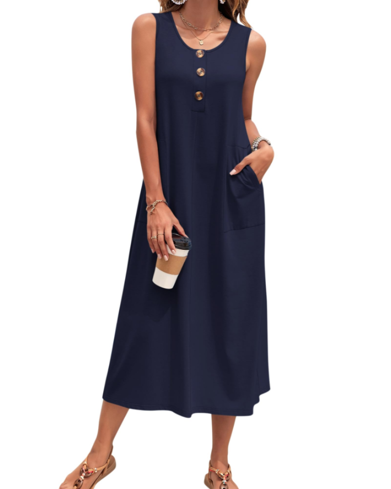 Julia Women's Robe – Sleeveless Button-Down A-Line Maxi Dress with Pockets Summer Casual