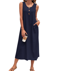 Julia Women's Robe – Sleeveless Button-Down A-Line Maxi Dress with Pockets Summer Casual