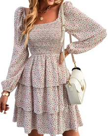 Léa Women's Dress – Bohemian Mini Dress with Square Neck, Smocked High Waist, Long Sleeves, and Ruffles