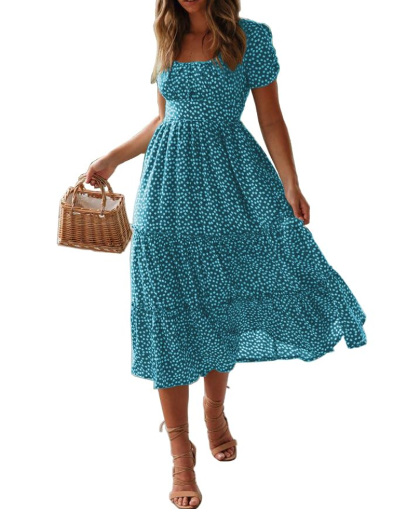 Agnes Women's Beach Dress – Floral Dress with Square Neck, Short Sleeves & Summer Style