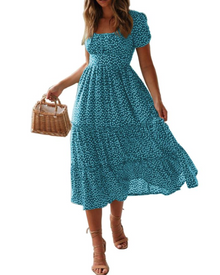 Agnes Women's Beach Dress – Floral Dress with Square Neck, Short Sleeves & Summer Style