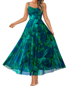 Denise Women's Dress – Floral Maxi Dress with Thin Straps, Draped Neckline, Elegant A-Line Cut