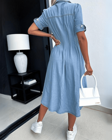 Krista Midi Dress for Women Denim – Buttoned Jean Dress, Short Sleeves & Relaxed Fit