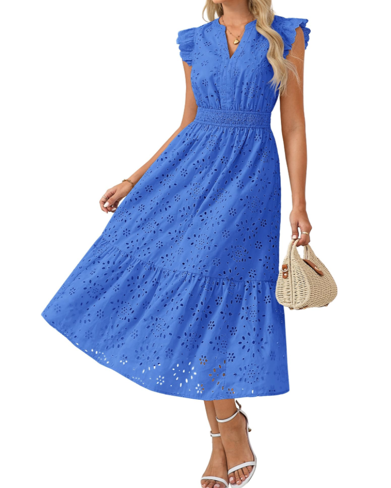 Fella Midi Dress for Women – Henley V-Neck Dress, Flared Sleeves & Smocked Waist
