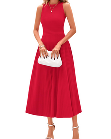 Blare Women's Dress – Elegant High-Waisted Sleeveless Pleated A-Line Midi Dress for Office