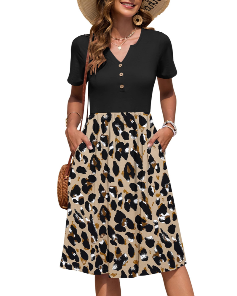 Ester Women's Dress – Mid-Length Summer Dress with V-Neck, Short Sleeves, Buttoned, Empire Waist, Pockets