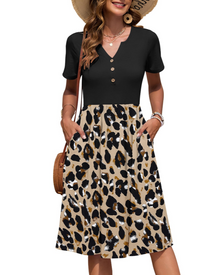 Ester Women's Dress – Mid-Length Summer Dress with V-Neck, Short Sleeves, Buttoned, Empire Waist, Pockets