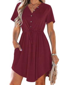 Wenna Women's Dress – Mini V-Neck Dress with Short Sleeves, Drawstring Waist, and Pockets for Summer