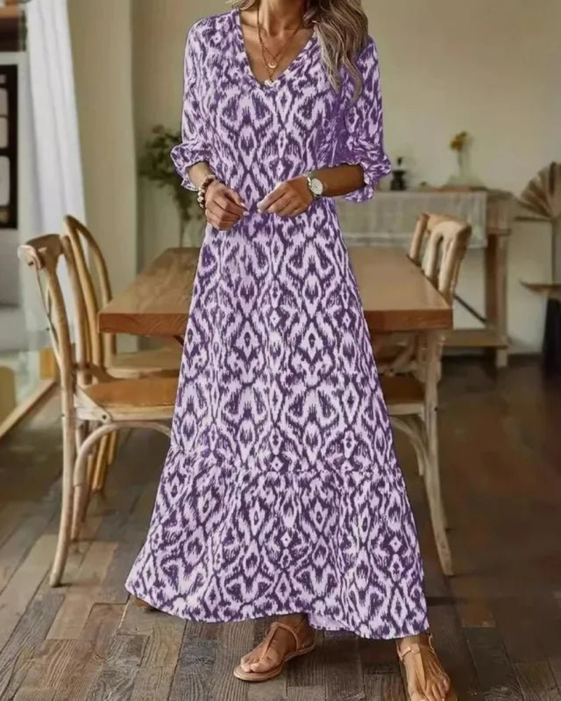 Macrina Summer Dress for Women – Flowing V-Neck Dress, A-Line Cut & Rolled-Up Sleeves