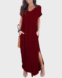 Rosenda Women's Maxi Dress – V-Neck, Short Sleeves, Flowing Fit & Slit with Pockets Summer