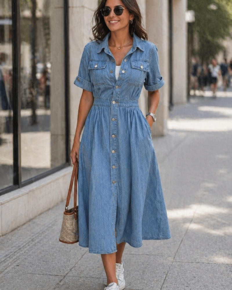 Krista Midi Dress for Women Denim – Buttoned Jean Dress, Short Sleeves & Relaxed Fit