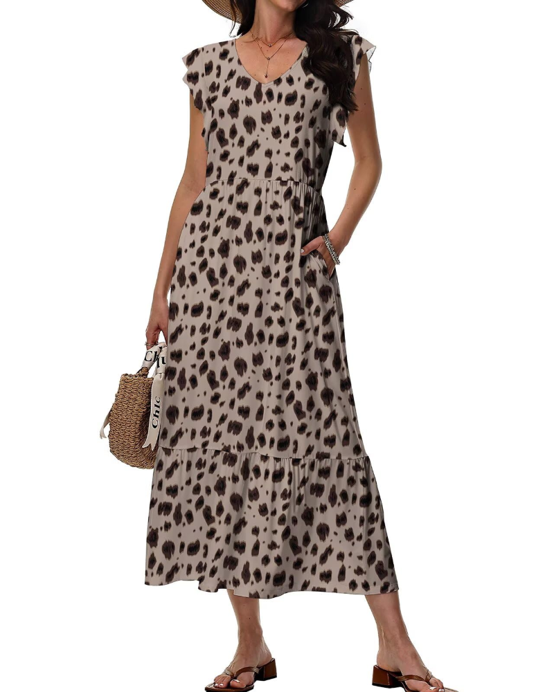 Mélanie Women's Midi Dress – Floral V-Neck Dress with Pockets, Elegant & Comfortable Fit