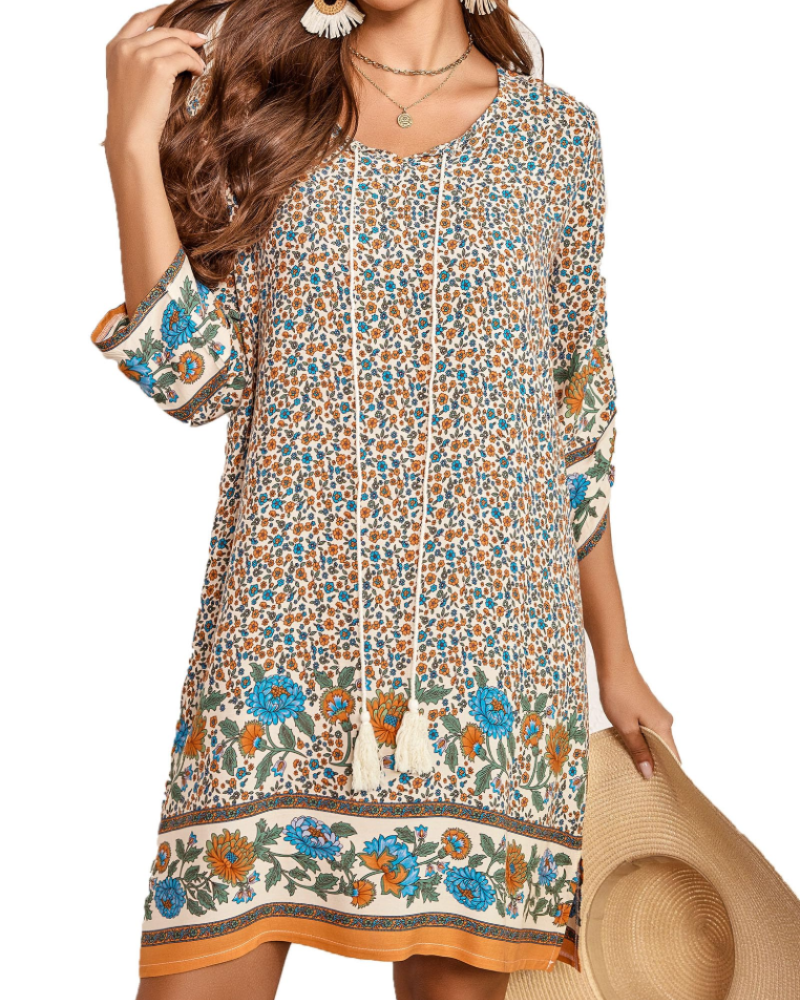 Cella Bohemian Dress for Women – Floral Tunic Dress with V-Neck, 3/4 Sleeves & Flowing Fit