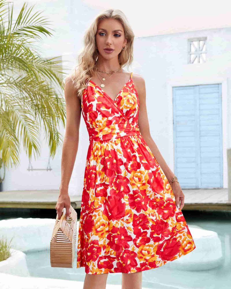Verna Midi Dress for Women – Floral V-Neck Dress with Thin Straps, A-Line Cut, and Pockets
