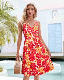 Verna Midi Dress for Women – Floral V-Neck Dress with Thin Straps, A-Line Cut, and Pockets