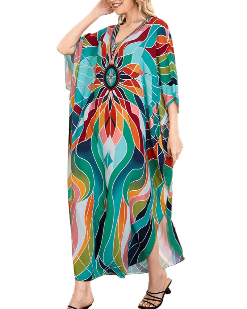 Amelie Women's Kaftan Dress – Long Bohemian Kaftan with V-Neck, Wide Sleeves, Beach Cover-Up, One Size