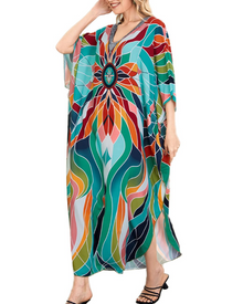 Amelie Women's Kaftan Dress – Long Bohemian Kaftan with V-Neck, Wide Sleeves, Beach Cover-Up, One Size